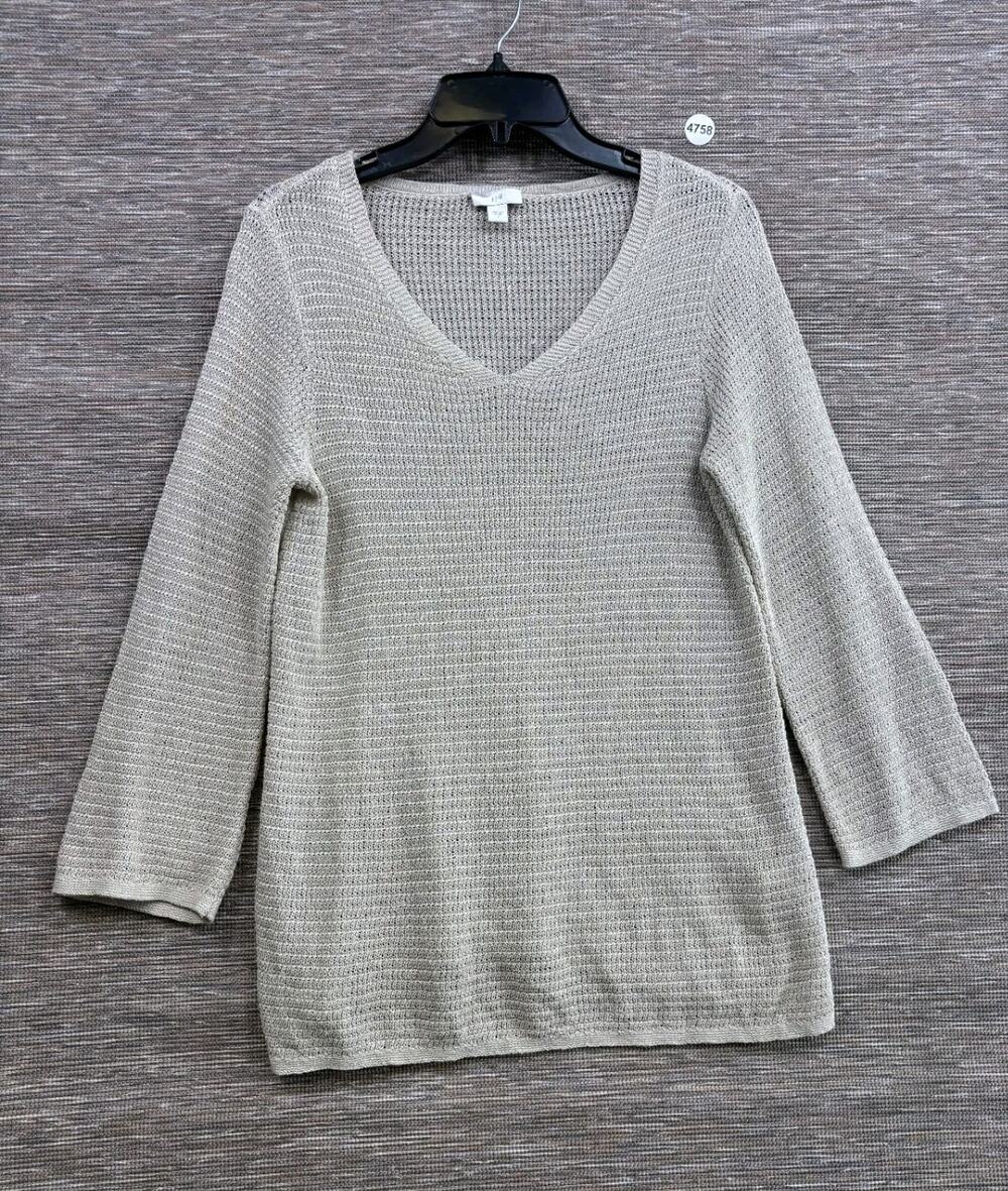 J. Jill Open Knit V-Neck Sweater Women’s Size S Tan Long Sleeve Linen Blend